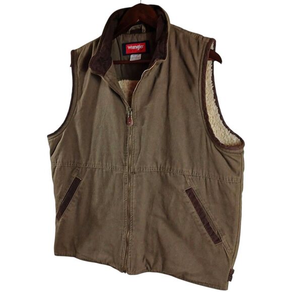 Wrangler Sherpa Line M Green Canvas Vest Corduroy Collar Crown Rhinestone Back - Picture 3 of 10
